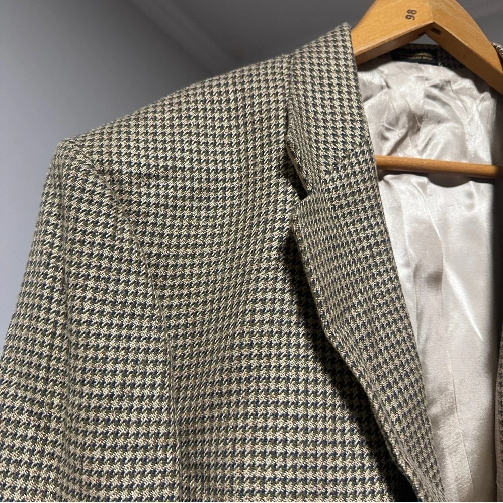 Vintage 80s Andhurst Tan Beige Houndstooth Wool Blend Sport Coat Mens Size 46L